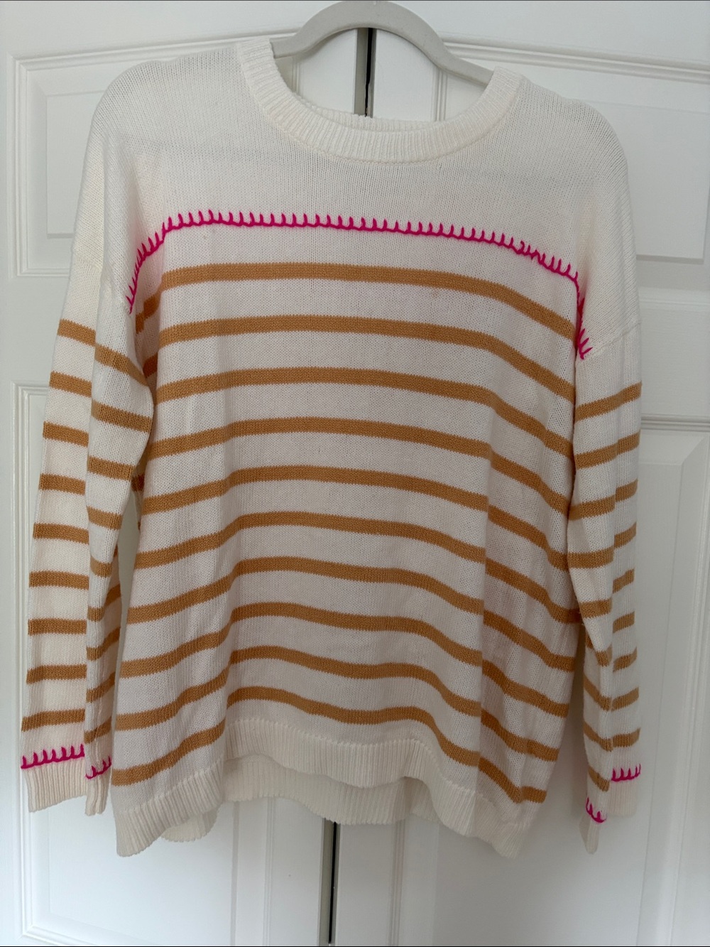 Lilly Pulitzer Cream Sweater with Tan Stripes and Pink Stitching